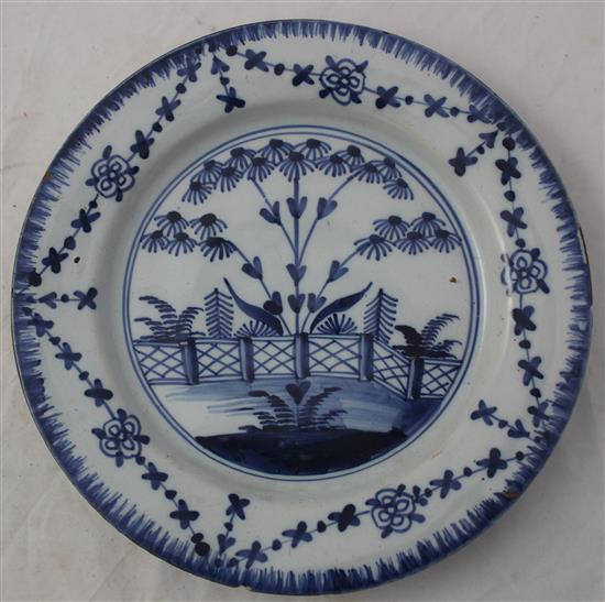 Three English delft ware plates, c.1760-70, diameter 23cm